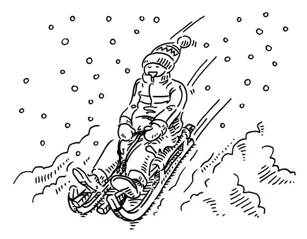 Vector illustration of Happy Woman Winter Sleigh Ride Drawing