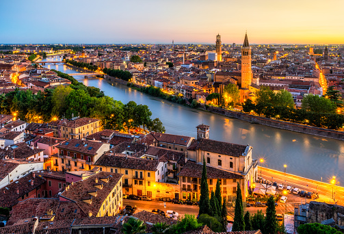 Aerial View of Verona city at Sunset with Adige river. Veneto. Italy