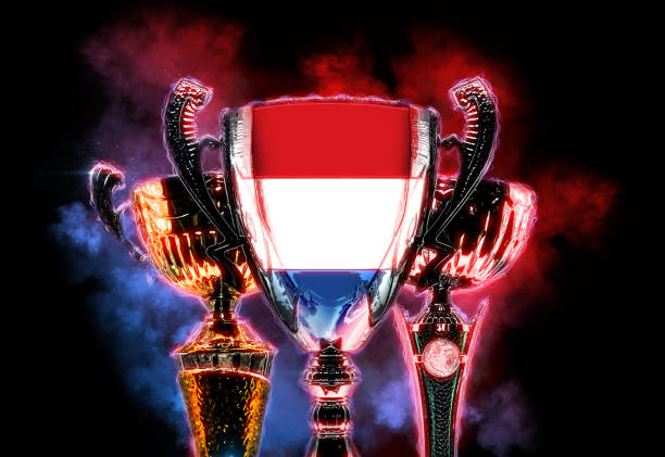 Trophy cup textured with flag of Nederlands. Digital illustration.