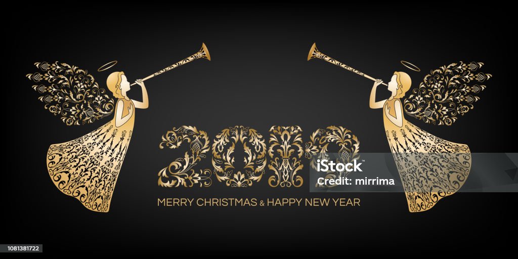 Happy New Year, Merry Christmas horizontal banner Ornamental Christmas numerals 2019 and two angels with ornamental wings. Beautiful angels with trumpet in golden ornate dress. Happy New Year and Merry Christmas golden text on dark background. Black Color stock vector