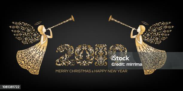 Happy New Year Merry Christmas Horizontal Banner Stock Illustration - Download Image Now - Black Color, Angel, Art