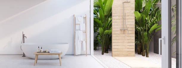 istock new modern zen bathroom with tropic plants. 3d rendering 1081385896