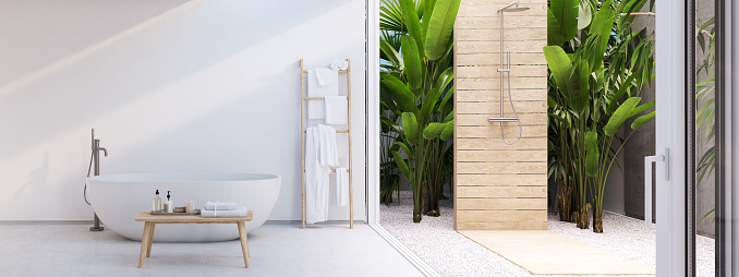 3D rendering. new modern zen bathroom with tropic plants