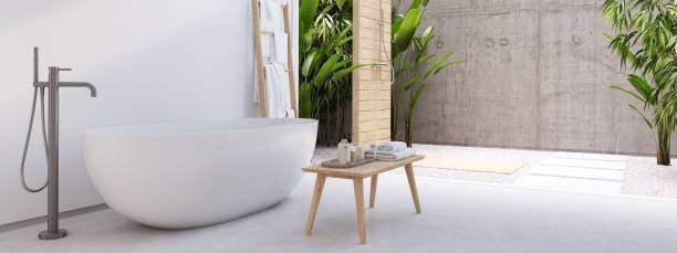 istock new modern zen bathroom with tropic plants. 3d rendering 1081385922