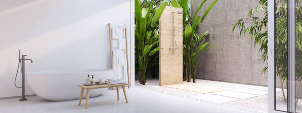 istock new modern zen bathroom with tropic plants. 3d rendering 1081386030