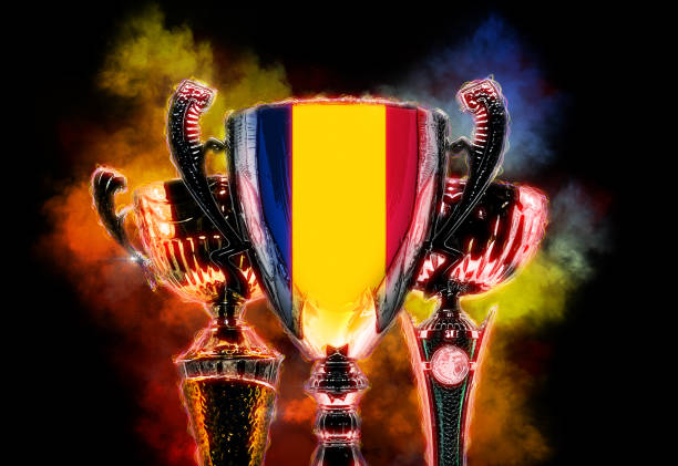 istock Trophy cup textured with flag of Romania. Digital illustration 1081391110