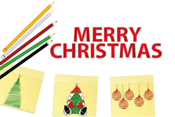 ilustrações de stock, clip art, desenhos animados e ícones de hand-drawn christmas tree and santa claus and red balls on three yellow stickers. greeting card. vector with colorful pencils on white background - characters pen shoe vector