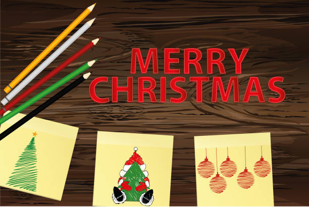 ilustrações de stock, clip art, desenhos animados e ícones de hand-drawn christmas tree and santa claus and red balls on three yellow stickers. greeting card. vector with colorful pencils on wooden background - characters pen shoe vector