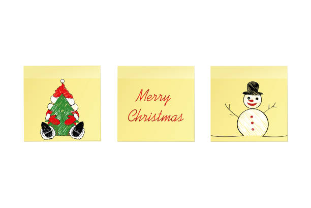 ilustrações de stock, clip art, desenhos animados e ícones de hand-drawn christmas tree and santa claus and snowman on three yellow stickers. greeting card. vector on white background - characters pen shoe vector