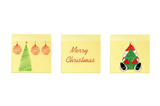 ilustrações de stock, clip art, desenhos animados e ícones de hand-drawn christmas tree and santa claus and red balls on three yellow stickers. greeting card. vector on wooden background - characters pen shoe vector