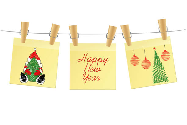 ilustrações de stock, clip art, desenhos animados e ícones de hand-drawn christmas tree and santa claus and red balls on three yellow stickers. greeting card. vector on white background - characters pen shoe vector
