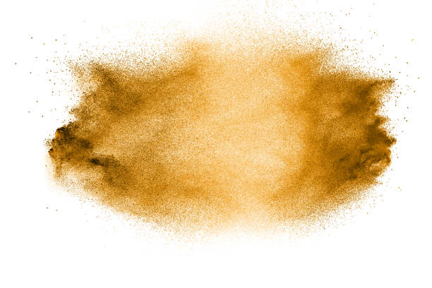 istock Dry river sand explosion. Golden colored sand splash against white background. 1081392156
