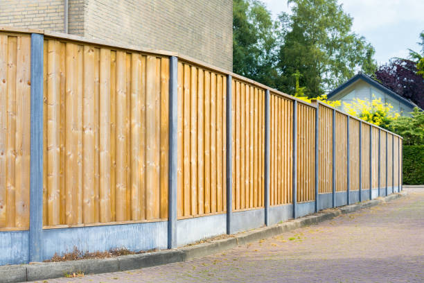 New wooden fence along the street stock photo
