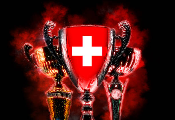 Trophy cup textured with flag of Switzerland. Digital illustration.