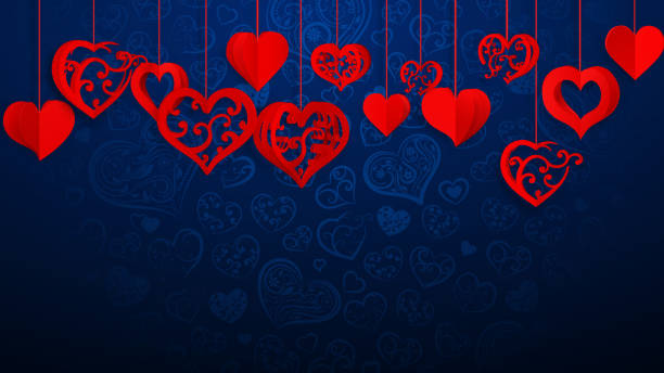 tło z wiszącymi papierowymi sercami - heart shape line art valentines day love stock illustrations