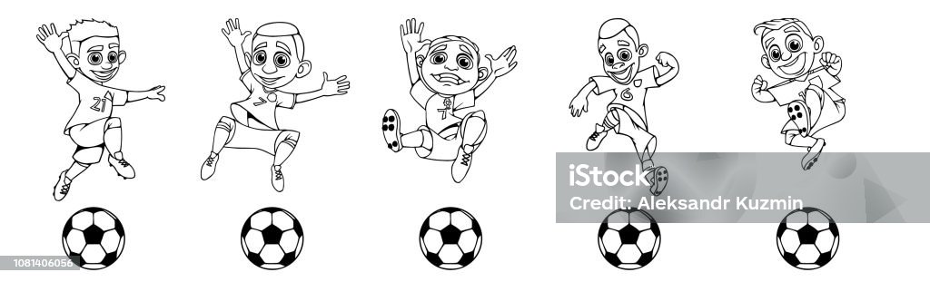 Set of children soccer players, a ball game Funny kids in sports uniform playing football Adult stock vector