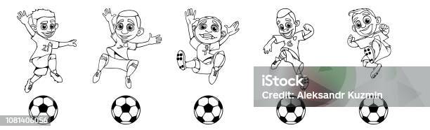 Set Of Children Soccer Players A Ball Game Stock Illustration - Download Image Now - Adult, Agricultural Field, Athlete