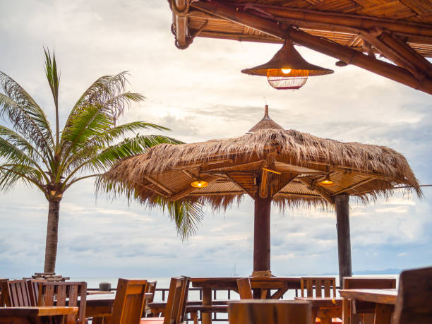 istock Bamboo hut on terrace on seascape background 1081413824