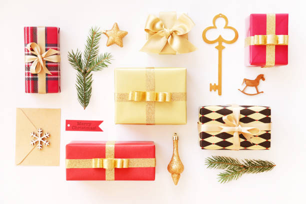 istock Christmas mood concept. Layout composition with traditional festive attributes, presents and other decorations. Winter holidays season. Background, copy space, close up, top view, flat lay. 1081416390