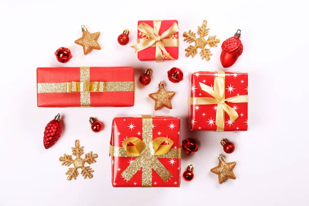 istock Christmas mood concept. Layout composition with traditional festive attributes, presents and other decorations. Winter holidays season. Background, copy space, close up, top view, flat lay. 1081417208