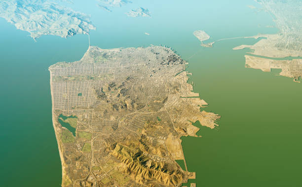 San Francisco 3D Render Topographic Map Aerial View 3D Render of a Topographic Map of the Area around San Francisco, California.
All source data is in the public domain.
Color texture: U.S. Geological Survey, US Topo
https://viewer.nationalmap.gov/basic/?basemap=b1&category=ustopo&title=US%20Topo%20Download
Relief texture: SRTM data courtesy of USGS. URL of source image: 
https://e4ftl01.cr.usgs.gov//MODV6_Dal_D/SRTM/SRTMGL1.003/2000.02.11/
Water texture: 
USGS The National Map: National Hydrography Dataset (NHD):
https://nationalmap.gov/hydro.html treasure island map stock pictures, royalty-free photos & images