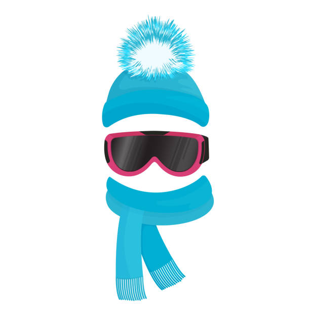 stockillustraties, clipart, cartoons en iconen met realistische skibrille. de bescherming van de ogen. sportuitrusting. muts met een pluizige pompon en een sjaal voor de winter outdoor activiteiten of sport. gebreide muts. - skivakantie