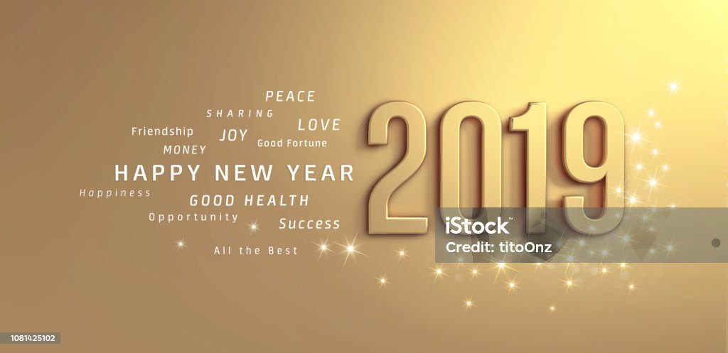 Gold Greeting card 2019 New Year 2019 date number and Greetings on a glittering gold background - 3D illustration 2019 Stock Photo