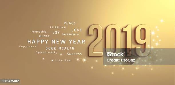 Gold Greeting Card 2019 Stock Photo - Download Image Now - 2019, Bright, Calendar Date