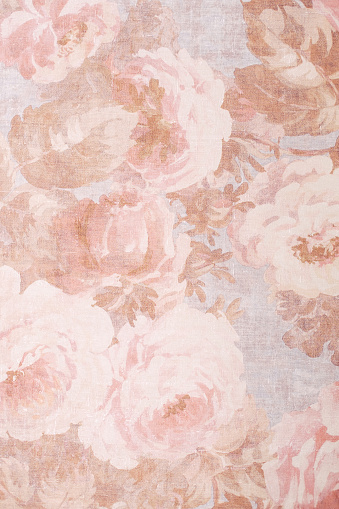 Texture, background, pattern. Fabric silk exquisite colors with peonies. Cabbage Rose Floral Decorator Fabric -Peonies Roses Morning Glories- Pink, Old Rose, Sage Green, Lavender Floral Cottage