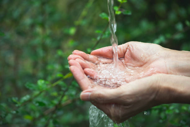 primer plano agua que fluye para la mano de la mujer para el concepto de naturaleza en el fondo del jardín. - color image season people wet fotografías e imágenes de stock