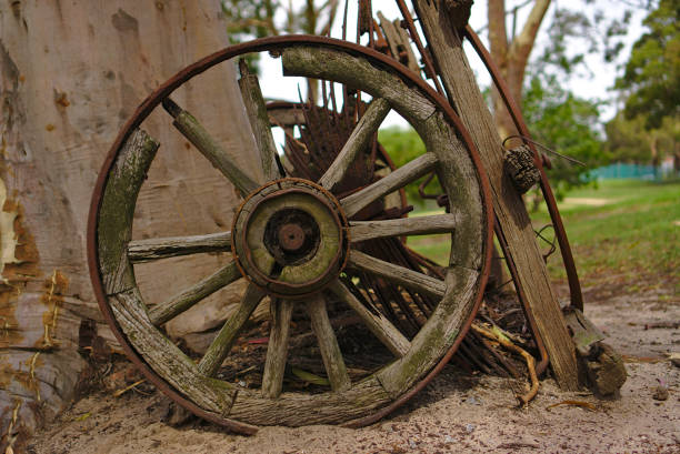 Close up view of old abandoned wooden wheel of farm machinery from 19th century