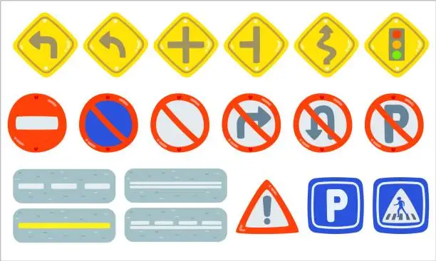 Vector illustration of Set of traffic sign element, Traffic-Road Sign Collection,  Mandatory, prohibition and information traffic, Isolated objects on white, Flat road signs set, City construction, Creative vector, style
