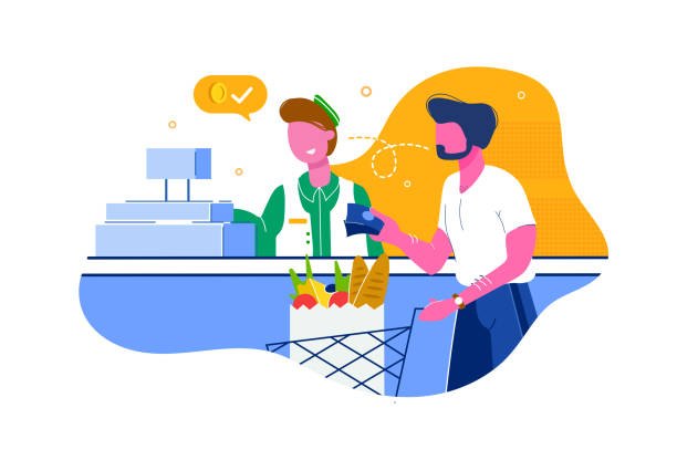 ilustrações de stock, clip art, desenhos animados e ícones de young man with beard buys food, products for cash in grocery. - food shopping