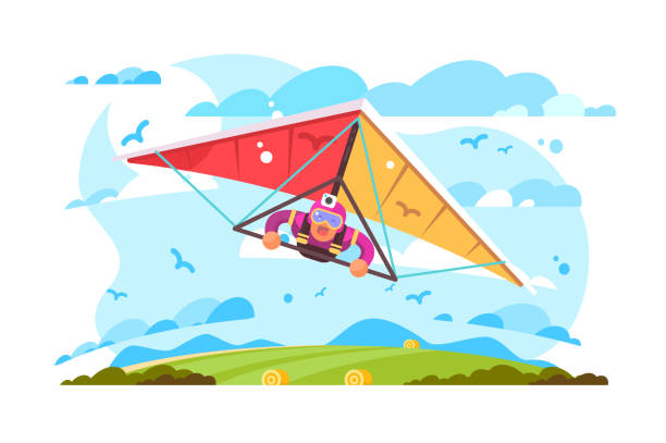 Cartoon man flying on hang glider poster Cartoon man flying on hang glider poster. Extreme sport screaming feeling scared flat style concept vector illustration. Blue sky sun and green field on background hang glider stock illustrations