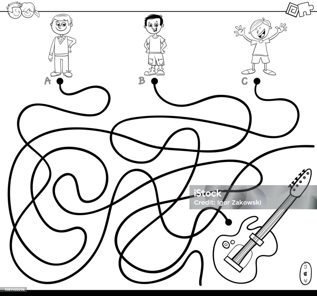maze with boys and guitar color book Black and White Cartoon Illustration of Paths or Maze Puzzle Game with Boys and Electric Guitar Coloring Book Guitar stock vector