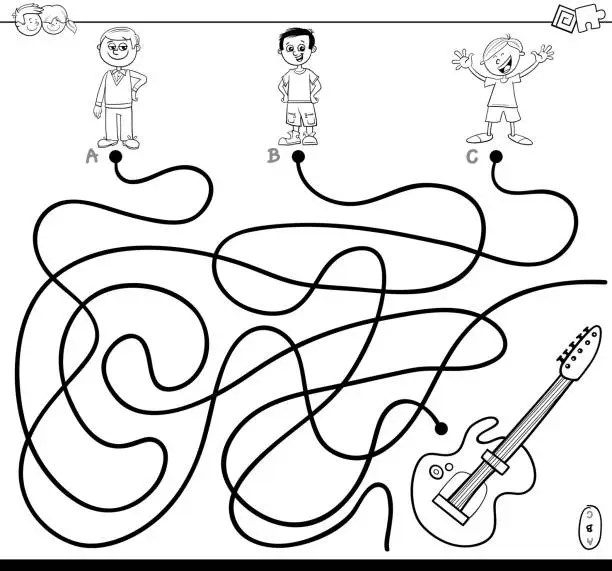 Vector illustration of maze with boys and guitar color book