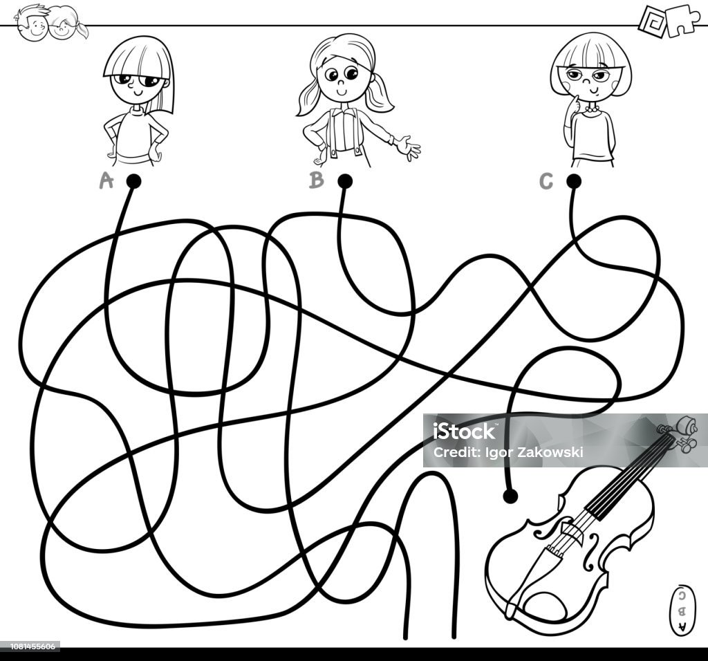 maze with girls and violin color book Black and White Cartoon Illustration of Paths or Maze Puzzle Game with Girls and Violin Coloring Book Music stock vector