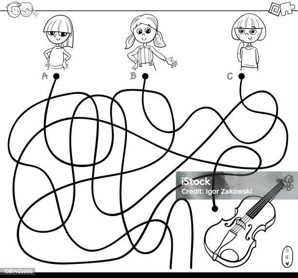 Maze With Girls And Violin Color Book Stock Illustration - Download Image Now - Music, Maze, Musical Instrument
