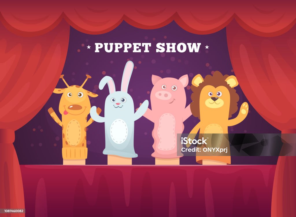 Puppet show. Red curtains theatre performance for kids stage with socks toys for hands cartoon background Puppet show. Red curtains theatre performance for kids stage with socks toys for hands cartoon background. Illustration of show puppet, toy doll entertainment Puppet stock vector