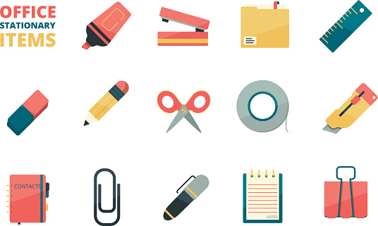Stationary items. Business office tools paper folder pencil eraser pen paper clip stapler marker vector flat icons collection. Office stationery pen and notebook illustration