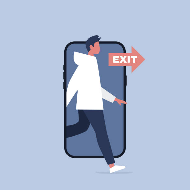 istock Digital detox. Young character stepping out of the mobile phone screen. Modern lifestyle. Millennial user. Flat editable vector illustration, clip art 1081464410