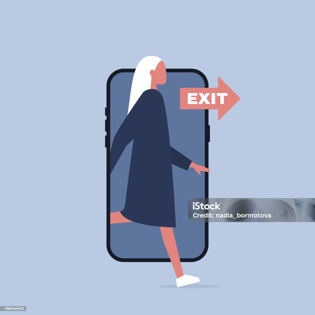 Digital detox. Young female character stepping out of the mobile phone screen. Modern lifestyle. Millennial user. Flat editable vector illustration, clip art Digital Detox stock vector