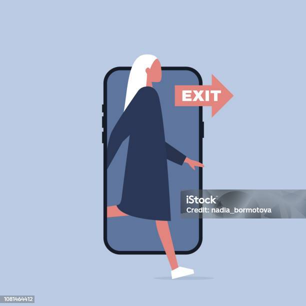 Digital Detox Young Female Character Stepping Out Of The Mobile Phone Screen Modern Lifestyle Millennial User Flat Editable Vector Illustration Clip Art Stock Illustration - Download Image Now