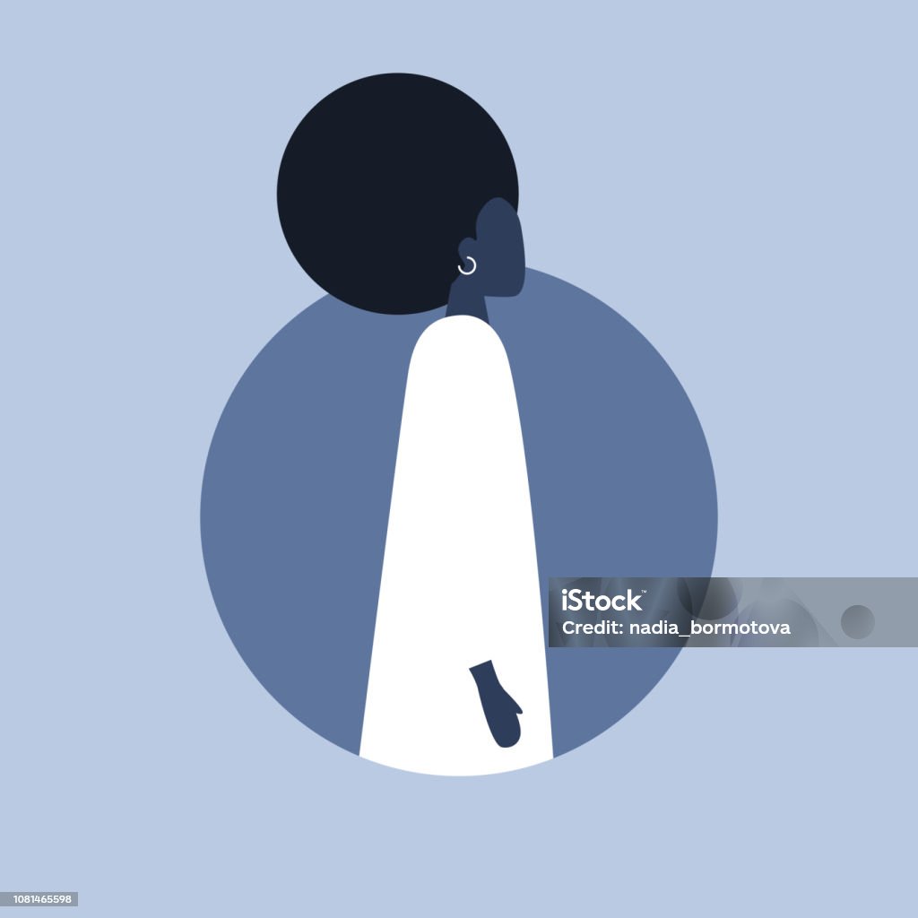 Flat vector round avatar. Young black female character side view. Social media profile picture. Template. African Ethnicity stock vector