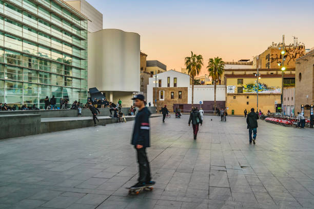 BARCELONA, SPAIN, JANUARY - 2018 - People at esplanade of angels square at the contemporary art museum of barcelona city, Sapin