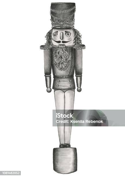 Hand Drawn Pencil Black And White Illustration Of Nutcracker Standing Up Straight Stock Illustration - Download Image Now