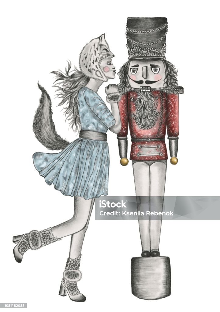 woman wearing fox costume kissing nutcracker Christmas mood. Hand drawn pencil colored illustration of a woman wearing fox costume kissing nutcracker Nutcracker stock illustration