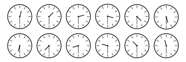 illustrazioni stock, clip art, cartoni animati e icone di tendenza di set orizzontale di icona dell'orologio analogico che notifica ogni mezz'ora di tempo isolata su bianco, illustrazione vettoriale - globe and alarm clock
