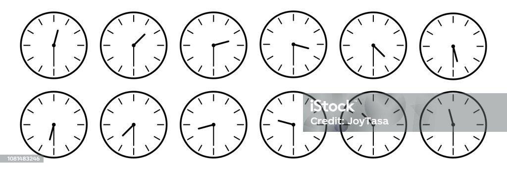 horizontal set of analog clock icon notifying each half an hour time isolated on white,vector illustration horizontal set of analog clock icon notifying each half an hour time isolated on white,vector illustration. Clock stock vector