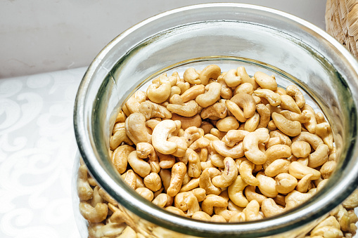 Health concept. cashew on background. cashew nuts in closeup